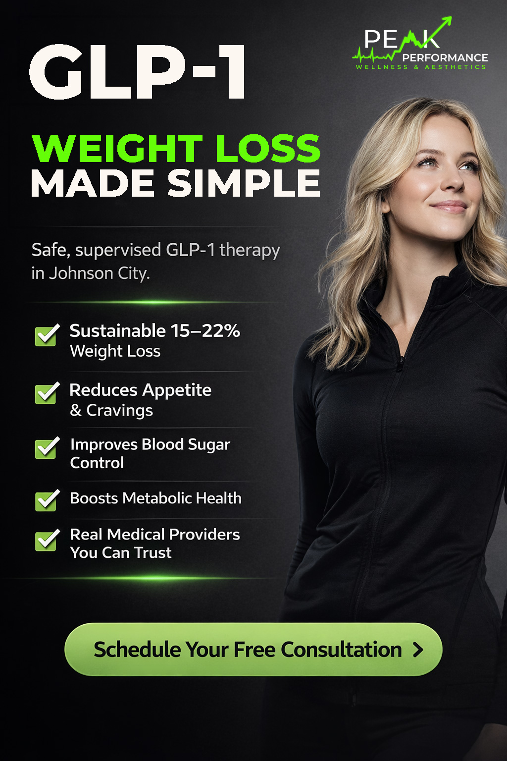 GLP-1 weight loss injections in Johnson City Tennessee at Peak Performance Wellness & Aesthetics with medically supervised semaglutide and tirzepatide treatment.