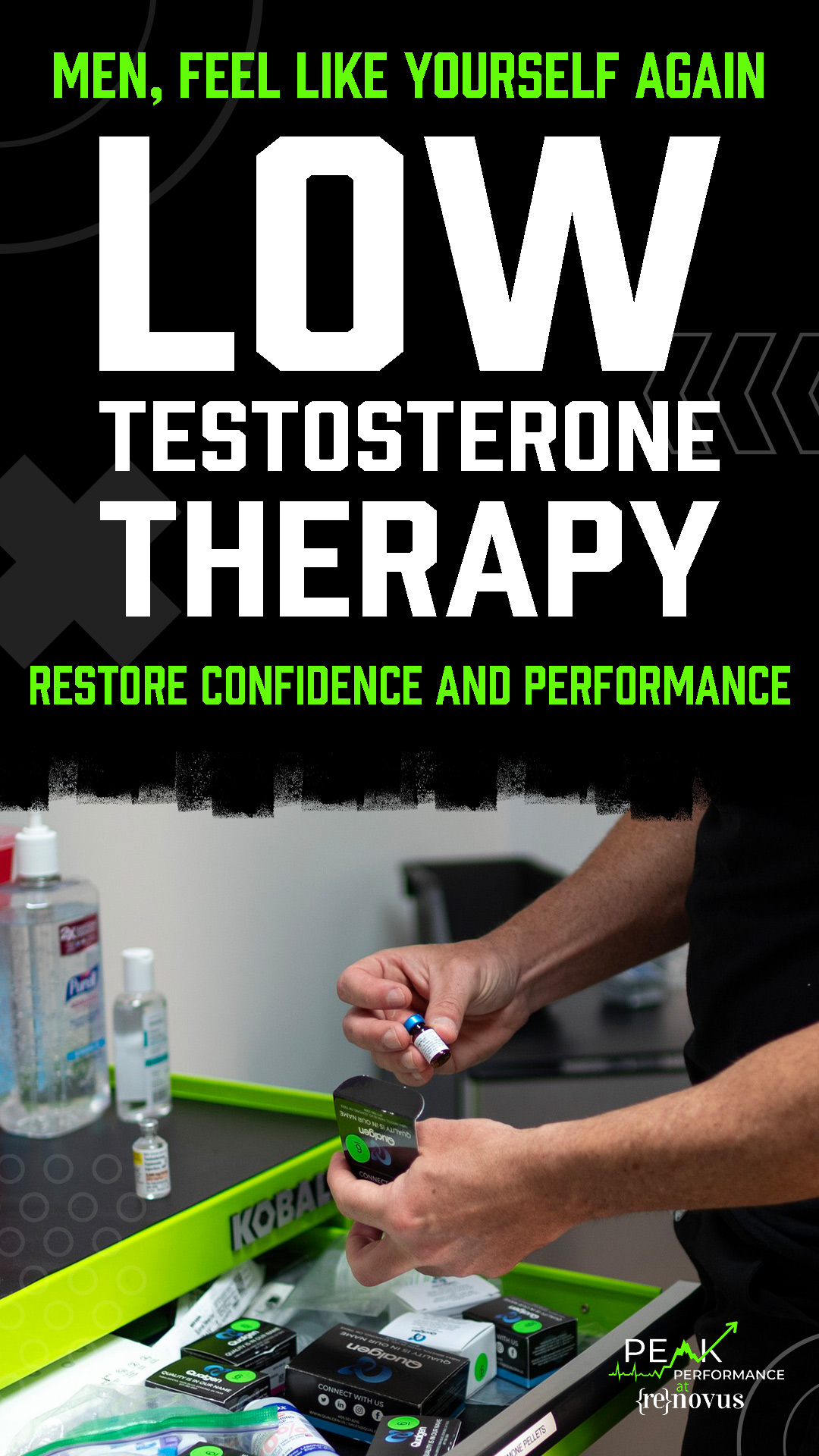 Graphic promoting low testosterone therapy for men, highlighting confidence and sexual performance support as part of erectile dysfunction treatment at Peak Performance in Johnson City, TN