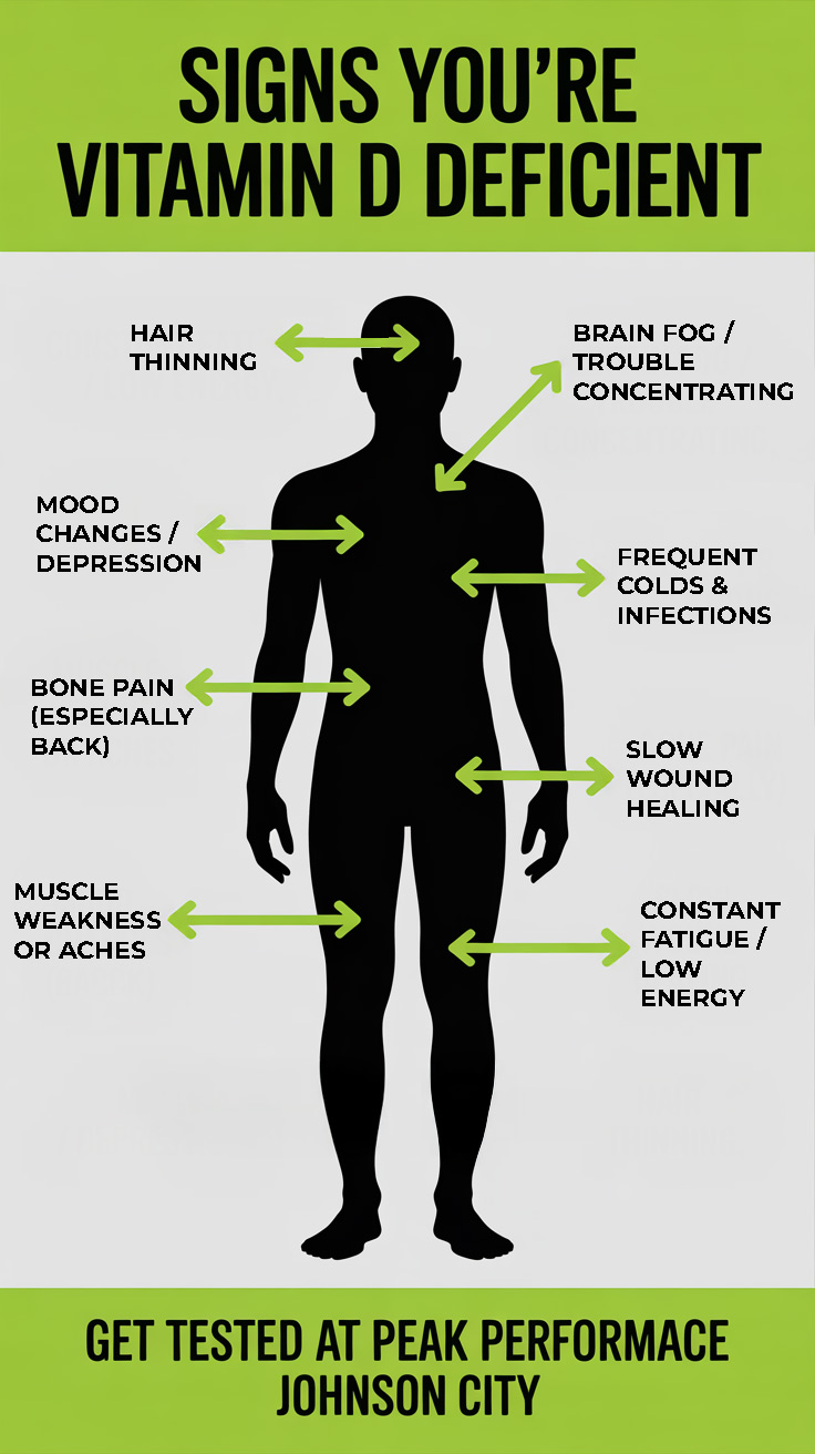 Infographic showing 8 signs of vitamin D deficiency including fatigue, brain fog, muscle weakness, frequent colds, mood changes, bone pain, slow healing, and hair thinning - Peak Performance Johnson City TN