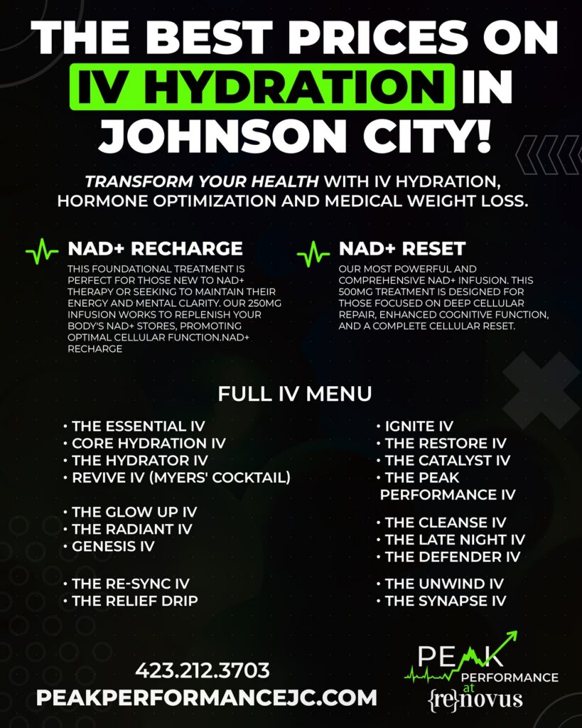 Peak Performance IV Hydration menu featuring NAD+ Recharge and NAD+ Reset treatments, plus full IV cocktail options including The Essential IV, Core Hydration IV, The Hydrator IV, Revive IV (Myers' Cocktail), The Glow Up IV, The Radiant IV, Genesis IV, Ignite IV, The Restore IV, The Catalyst IV, The Peak Performance IV, The Cleanse IV, The Late Night IV, The Defender IV, The Re-Sync IV, The Relief Drip, The Unwind IV, and The Synapse IV. Call 423-212-3703 for the best IV hydration prices in Johnson City.