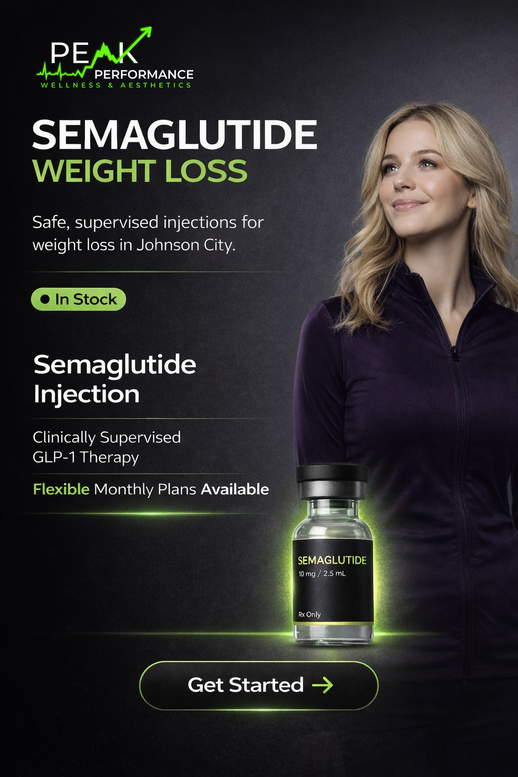 Semaglutide weight loss injection vial with Peak Performance Wellness branding - clinically supervised GLP-1 therapy available in Johnson City, TN with flexible monthly plans