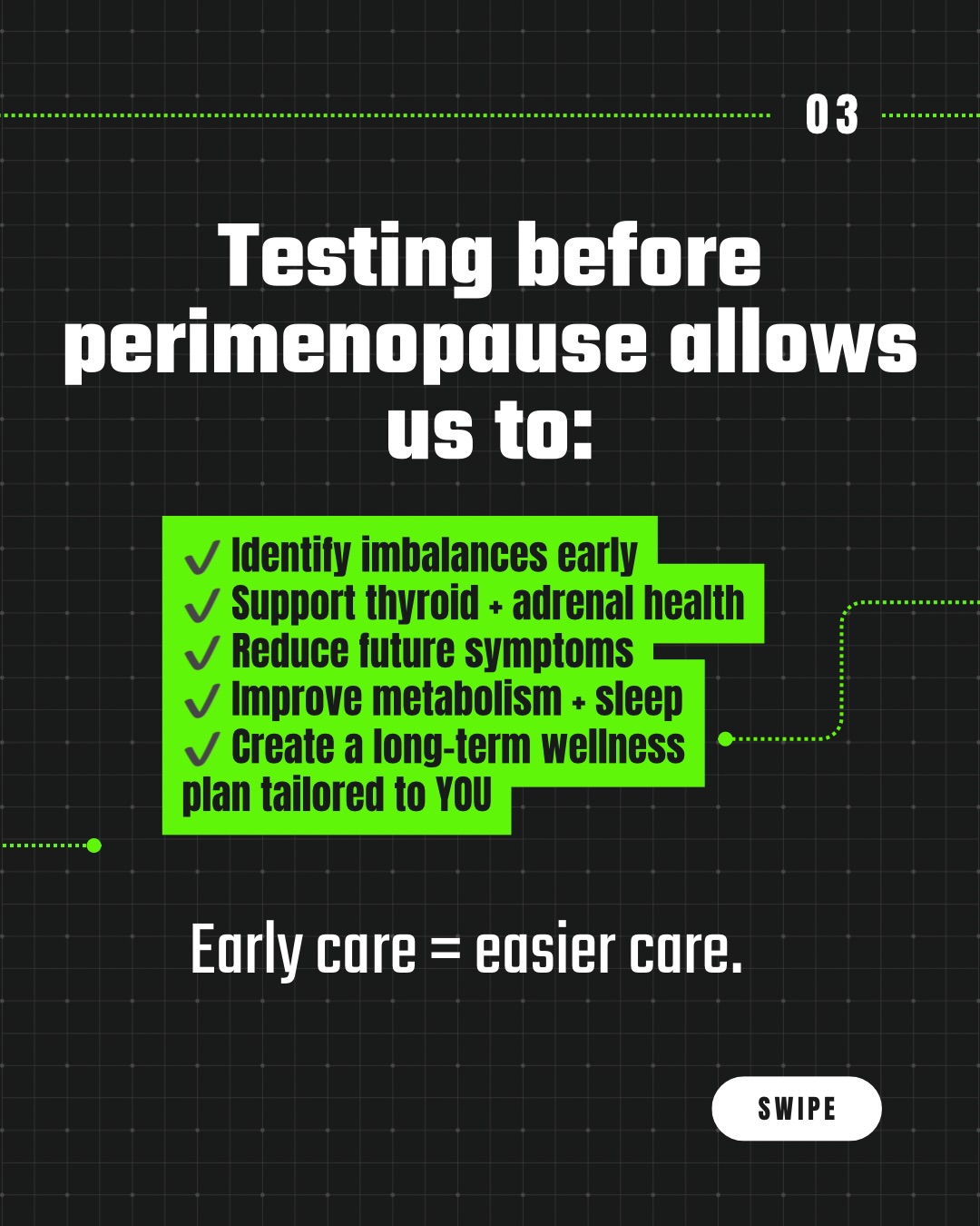 Benefits of hormone testing before perimenopause - identify imbalances early, support thyroid and adrenal health, reduce future symptoms - early care is easier care - Peak Performance Johnson City